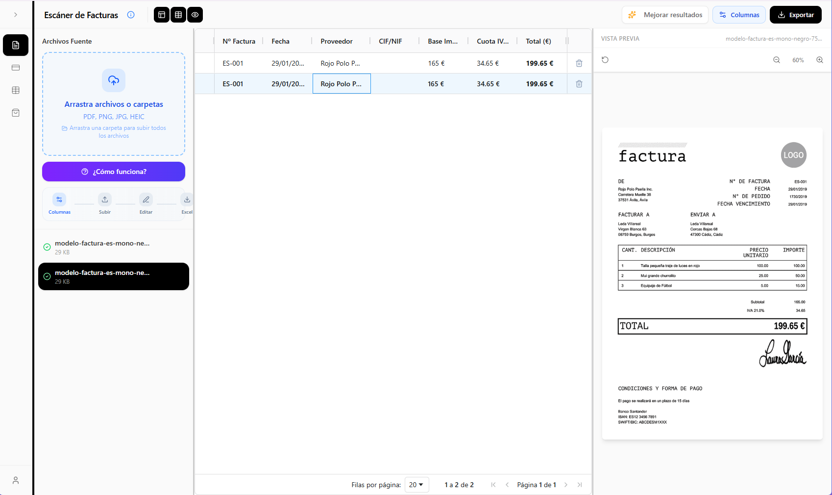 Ejemplo de factura digitalizada con AIScan - datos extraidos automaticamente