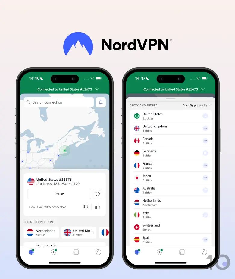 App de NordVPN en iPhone conectada a un servidor