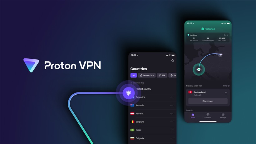 App de Proton VPN en iPhone: NetShield bloqueando anuncios y rastreadores, conectado desde Suiza