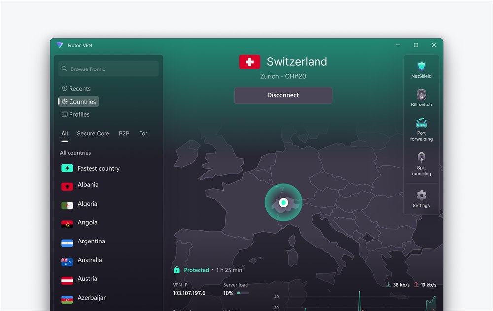 App de escritorio de Proton VPN conectada, con lista de países y Secure Core