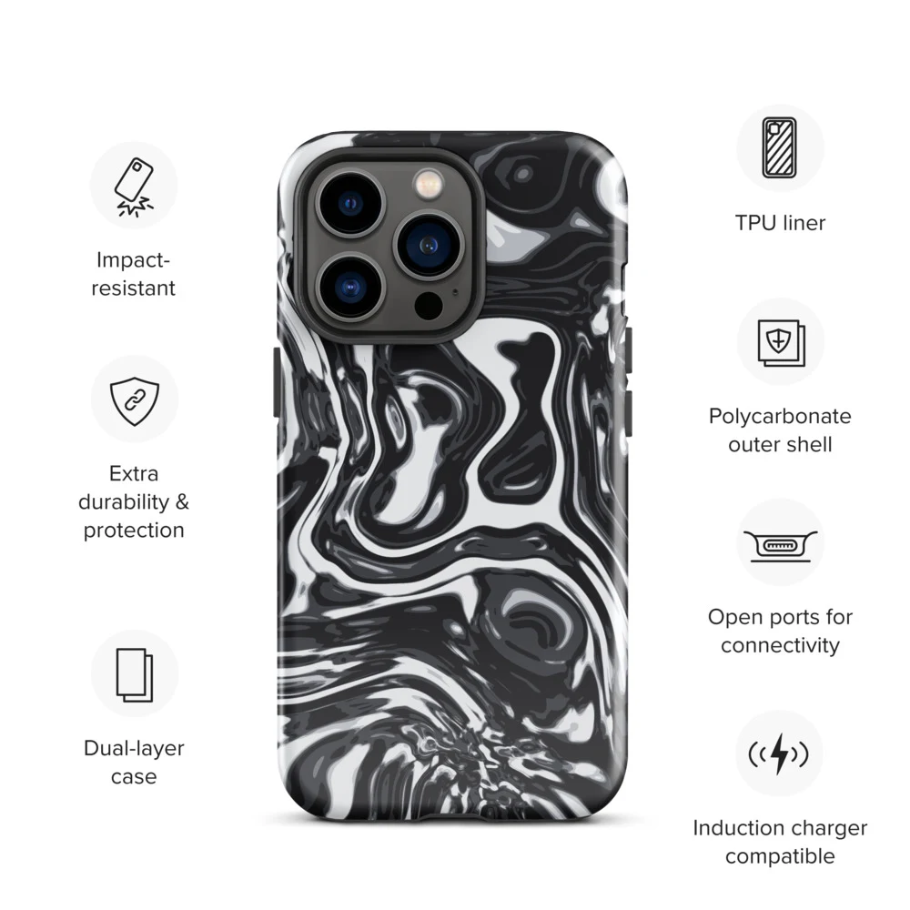 Funda reforzada premium para iPhone, diseño Metal líquido oscuro en iPhone 17 Pro Max: product specs