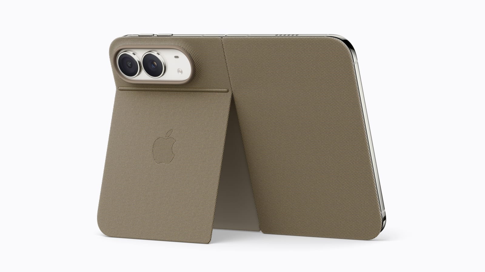 La funda Folio de Apple para el iPhone Duo, de color topo, abierta como soporte