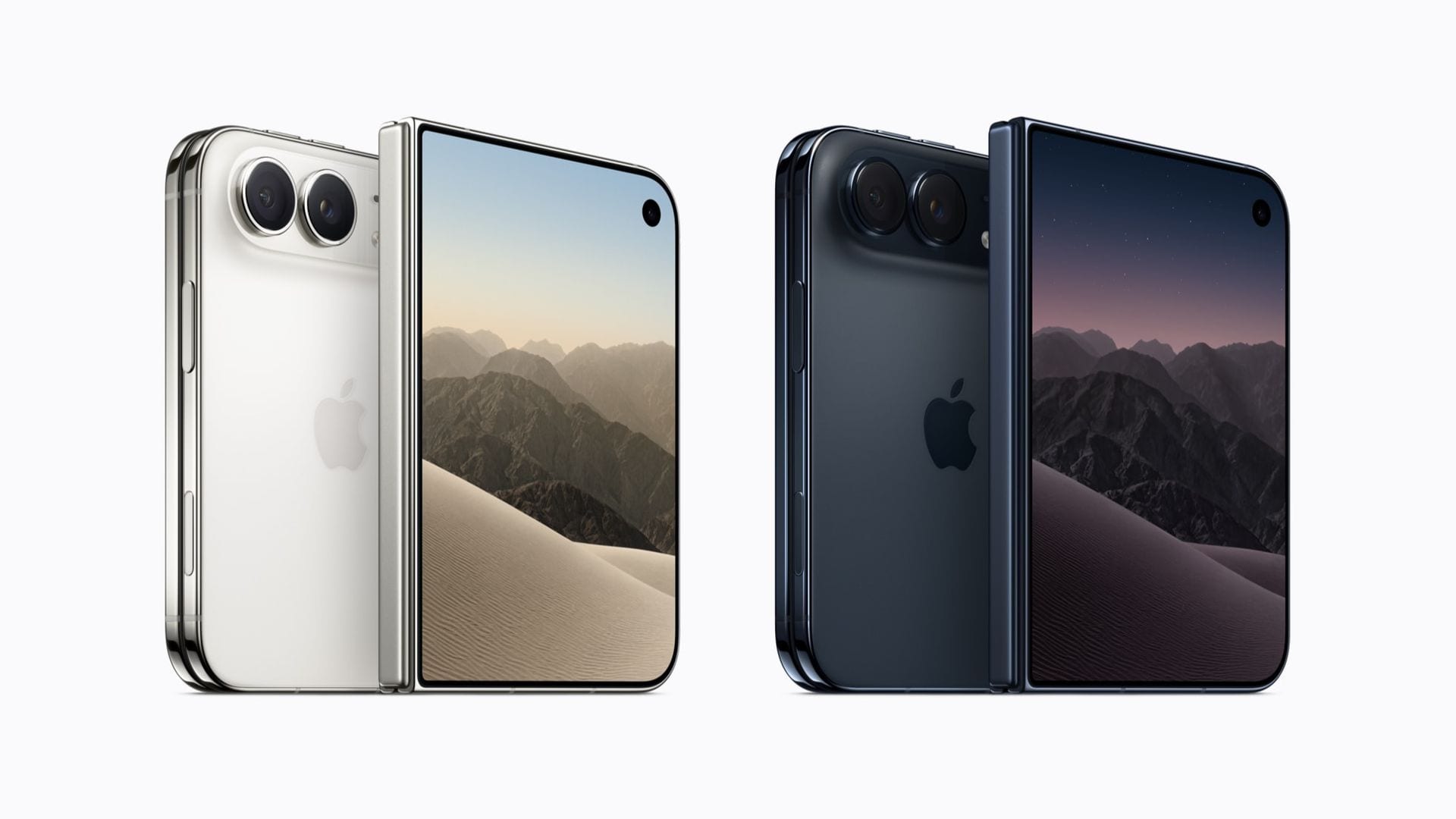 El iPhone Duo cerrado en blanco estelar y en cielo nocturno, con su pantalla exterior encendida