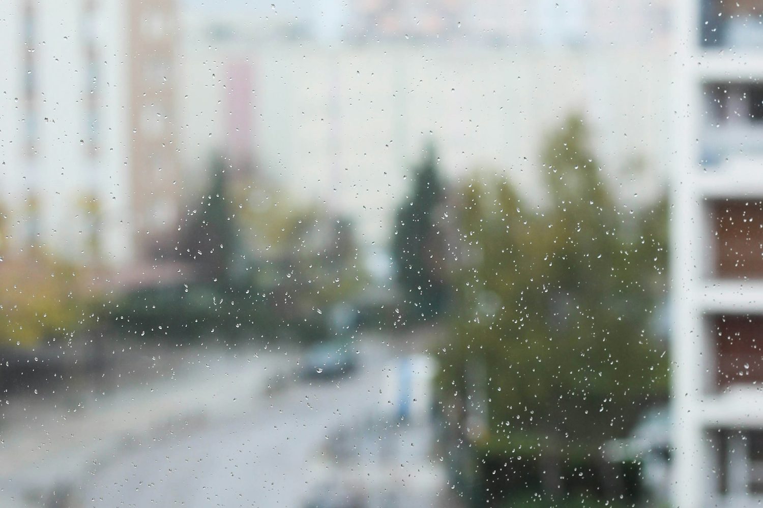 Una calle con lluvia vista desde una ventana