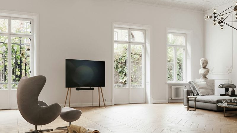 Salón luminoso con una tele de 55 pulgadas sobre un soporte de pie junto a unas ventanas