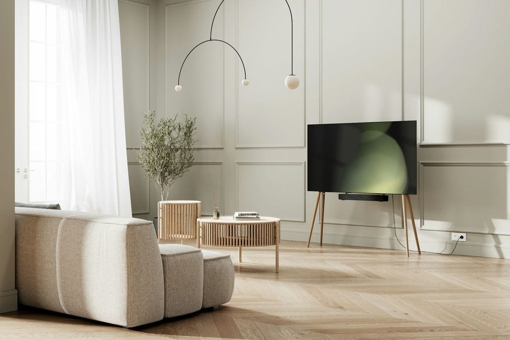 Salón claro con una tele sobre un soporte de pie al lado de una ventana con cortinas