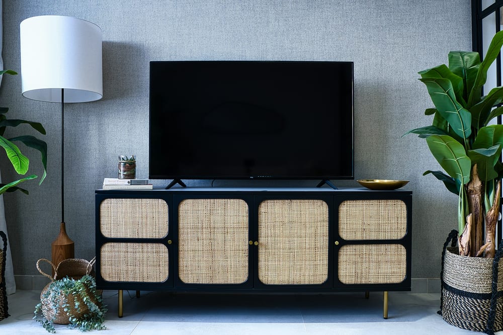 Televisor grande con patas sobre un mueble bajo de madera con puertas de rejilla, junto a una planta